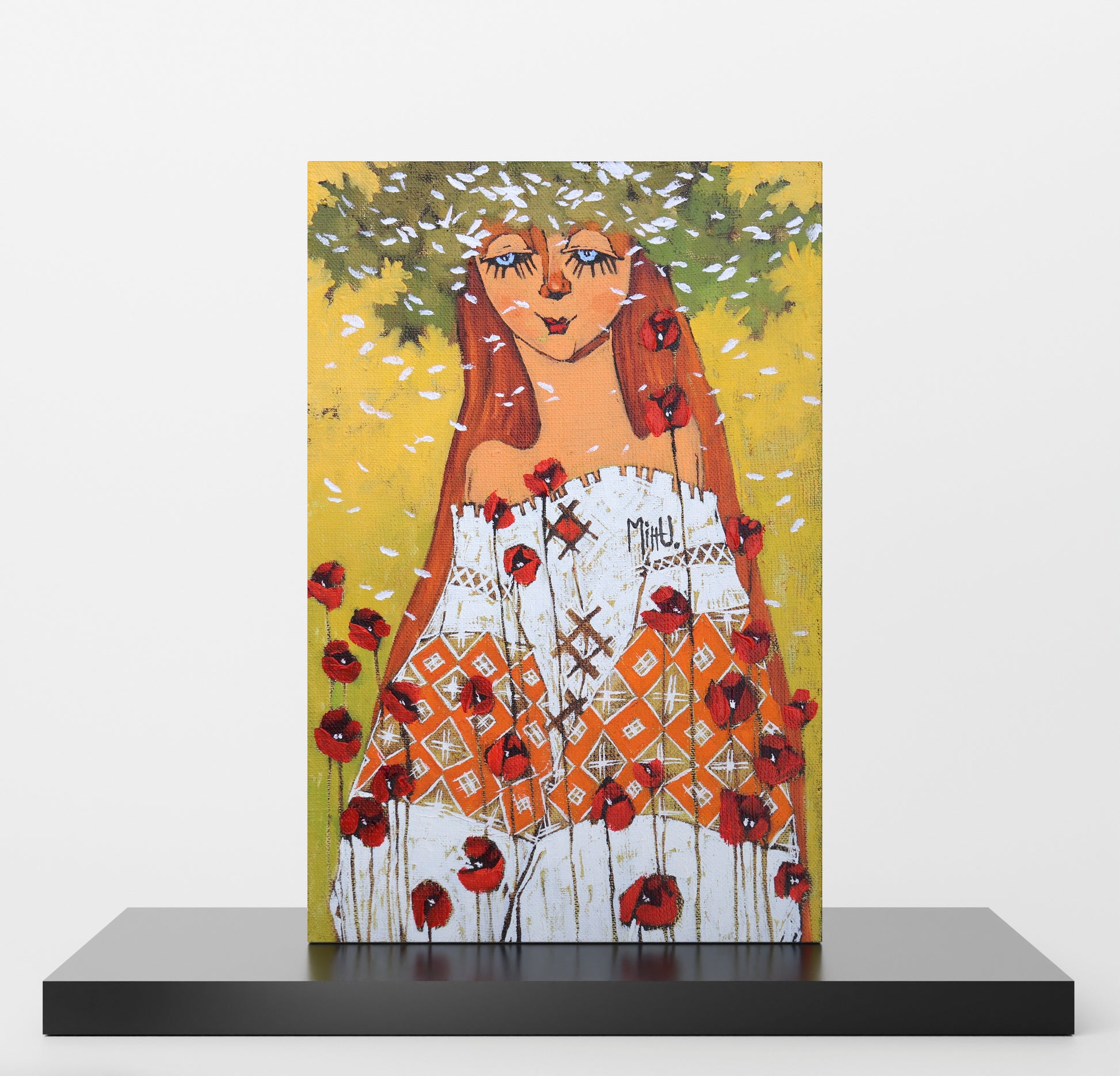 Painting of a woman with red hair and poppies on a yellow background