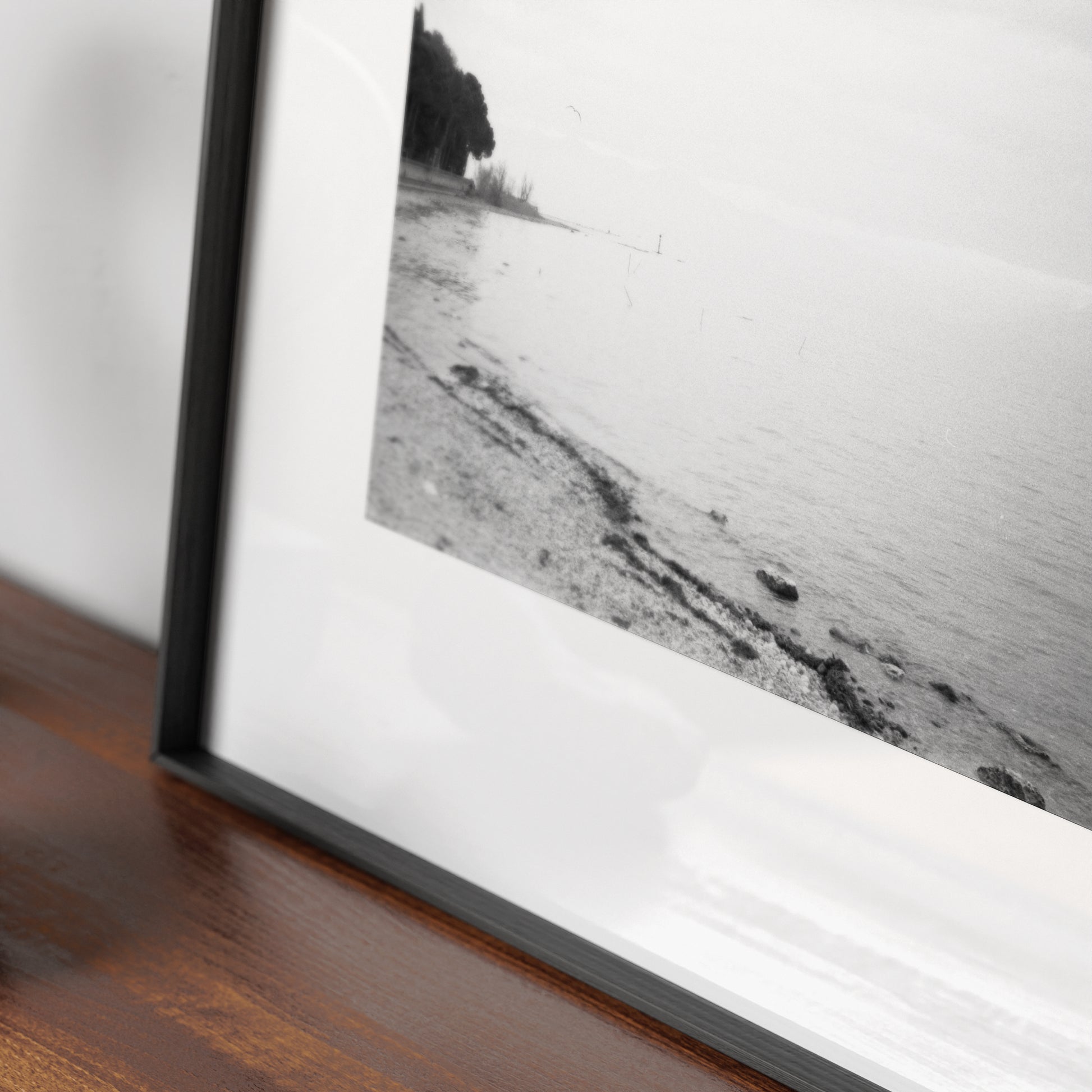 Detail of Lake Garda vintage, artistic, moody landscape photography, black and white art print.