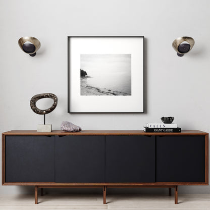 Lake Garda vintage, artistic, moody landscape photography, black and white art print in a modern space.