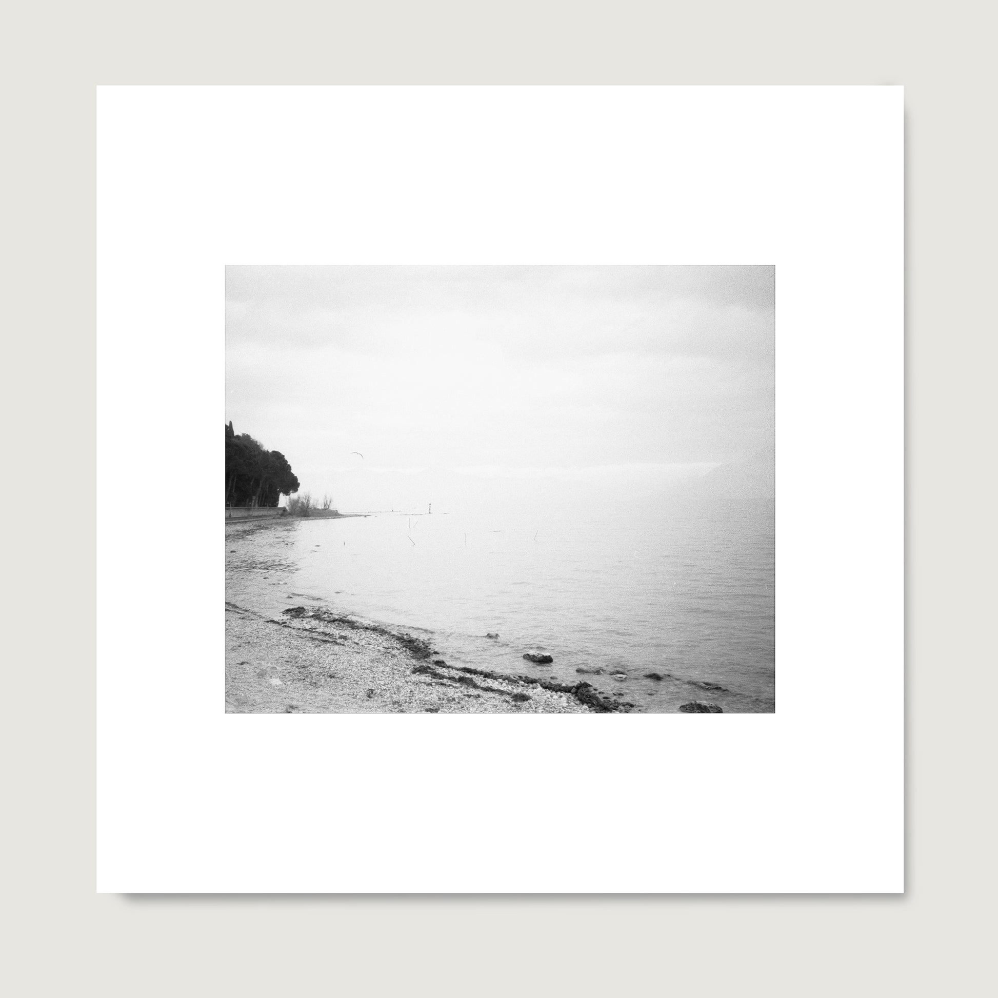 Lake Garda vintage, artistic, moody landscape photography, black and white art print on paper.