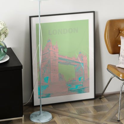 Travel poster London landmark red and green art print in a modern interior.