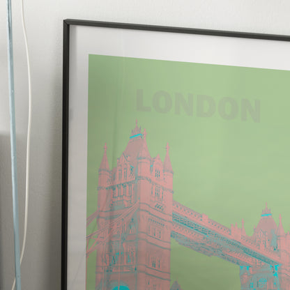 Detail of a travel poster London landmark red and green art print.