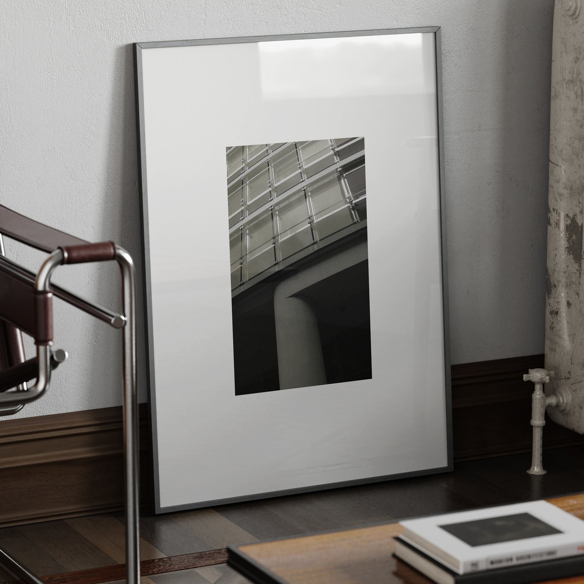 Modern architecture, monochrome photography art print in a metallic frame.