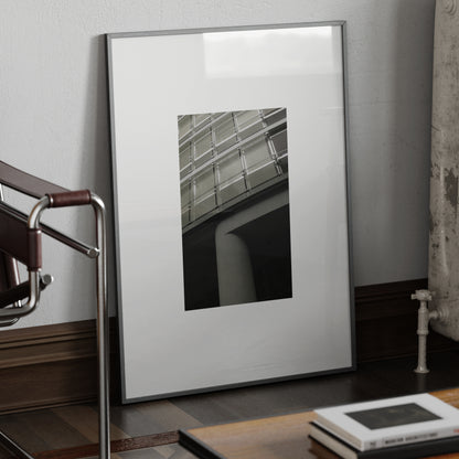 Modern architecture, monochrome photography art print in a metallic frame.