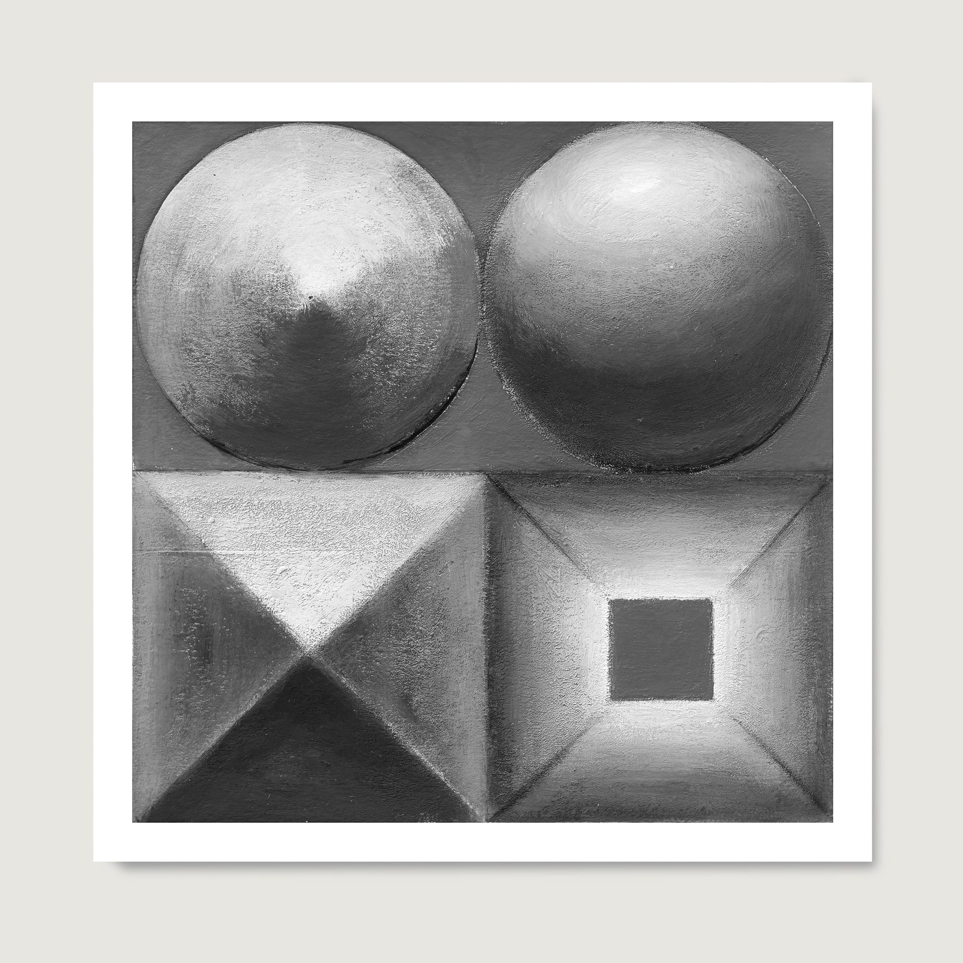 Black and white abstract geometric art print on paper.