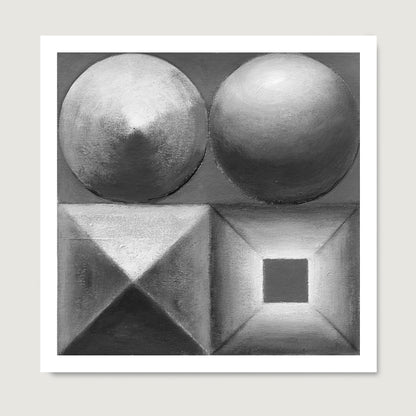 Black and white abstract geometric art print on paper.