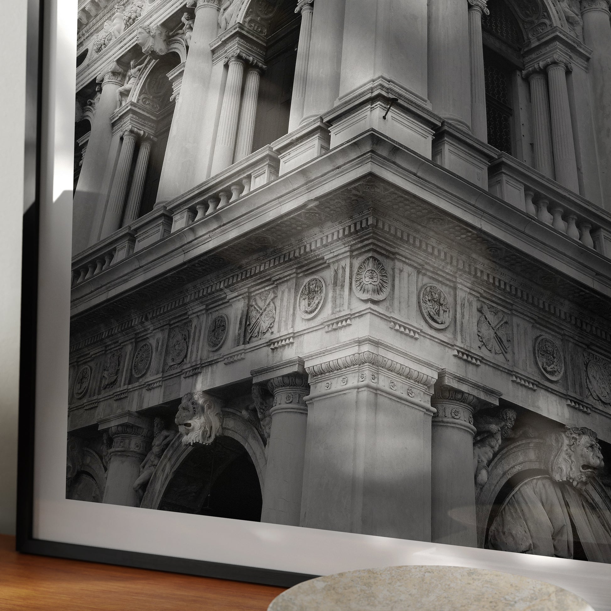 Detail of a corner of a classic Venetian building, artistic black and white photography art print.