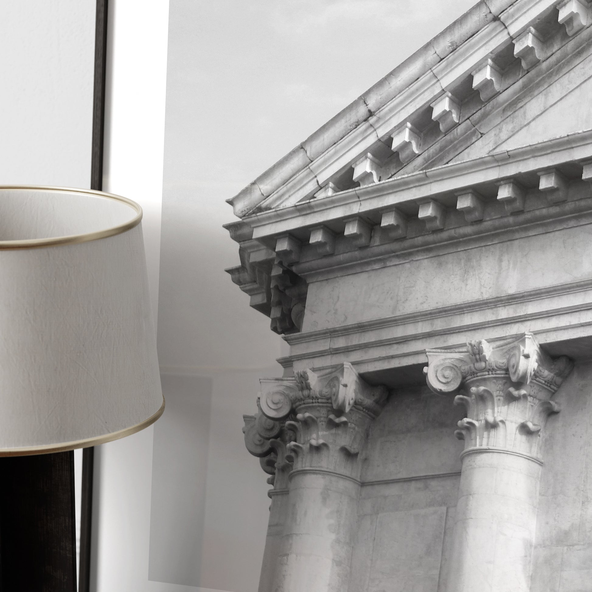 Detail of a monumental, classic architectural corner of Venice, black and white photography art print.