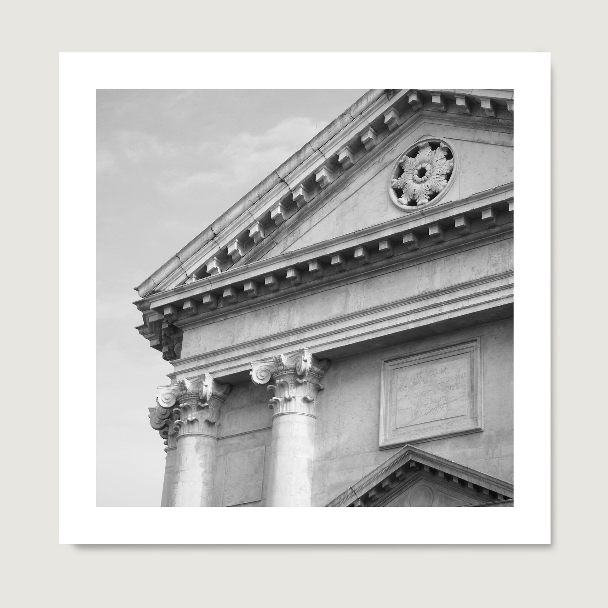 Monumental, classic architectural corner of Venice, black and white photography art print on paper.