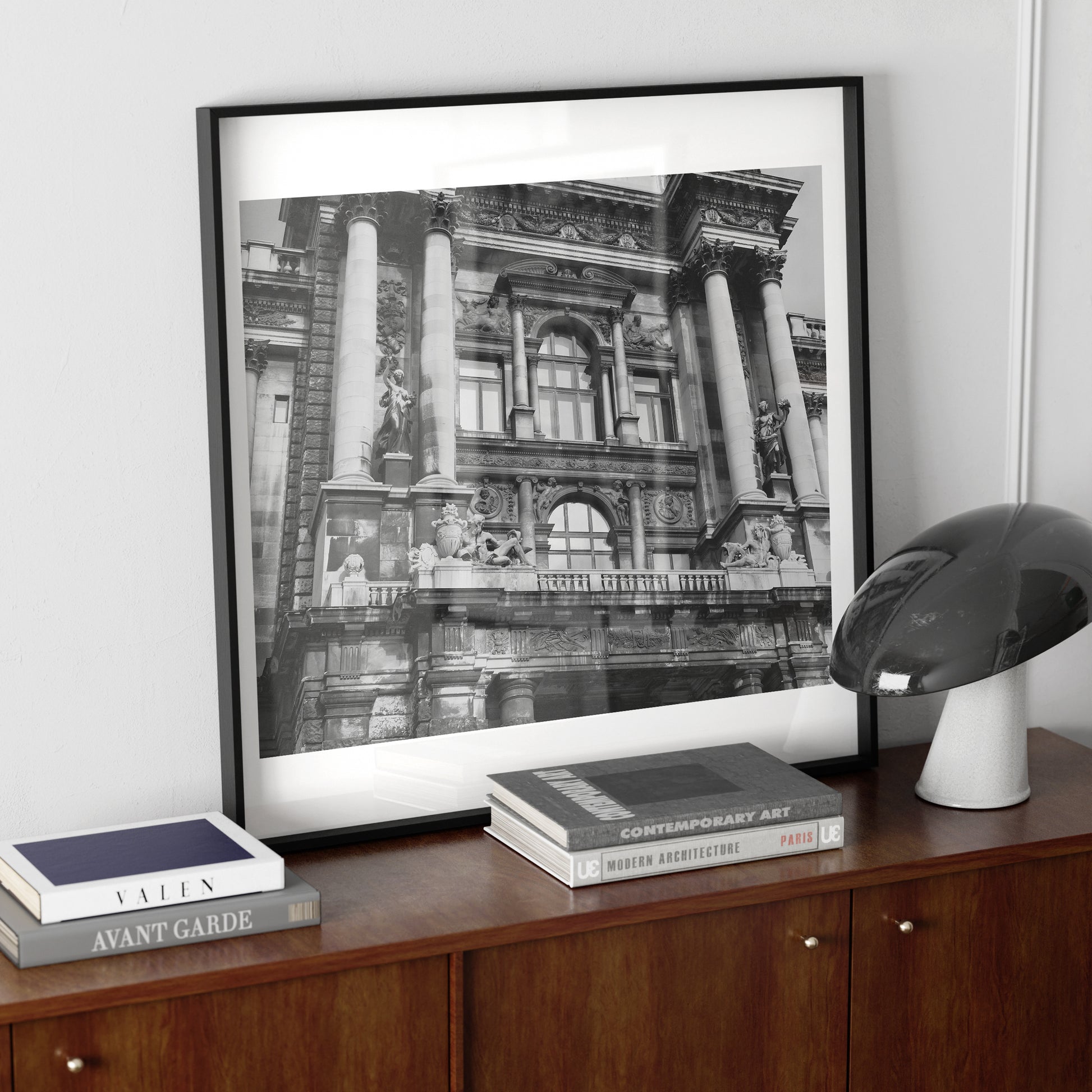 Vienna black and white architectural photography art print in a mid-century modern interior.