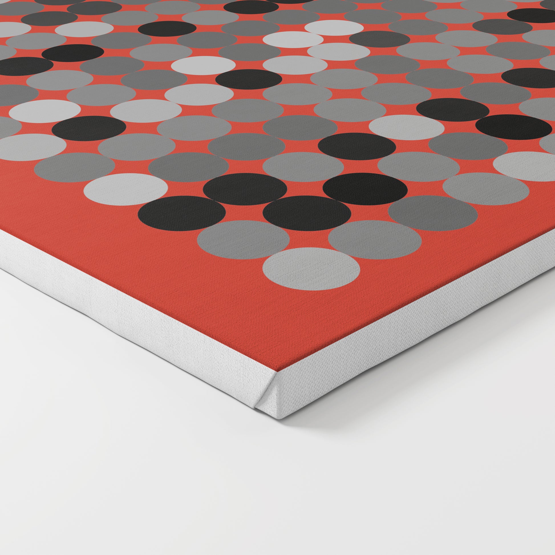Black and white dots on a red background, contemporary graphic art print on canvas.