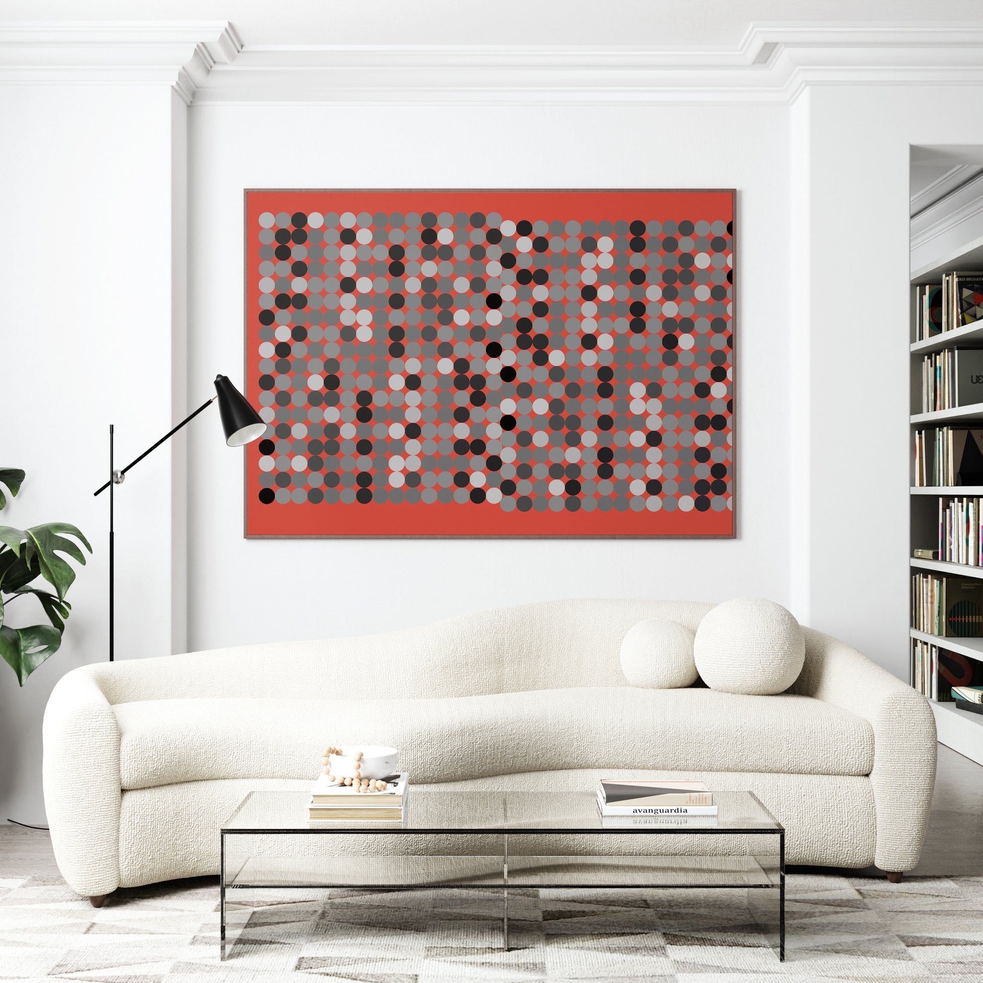 Black and white dots on a red background, contemporary graphic art print, in a luxury interior.