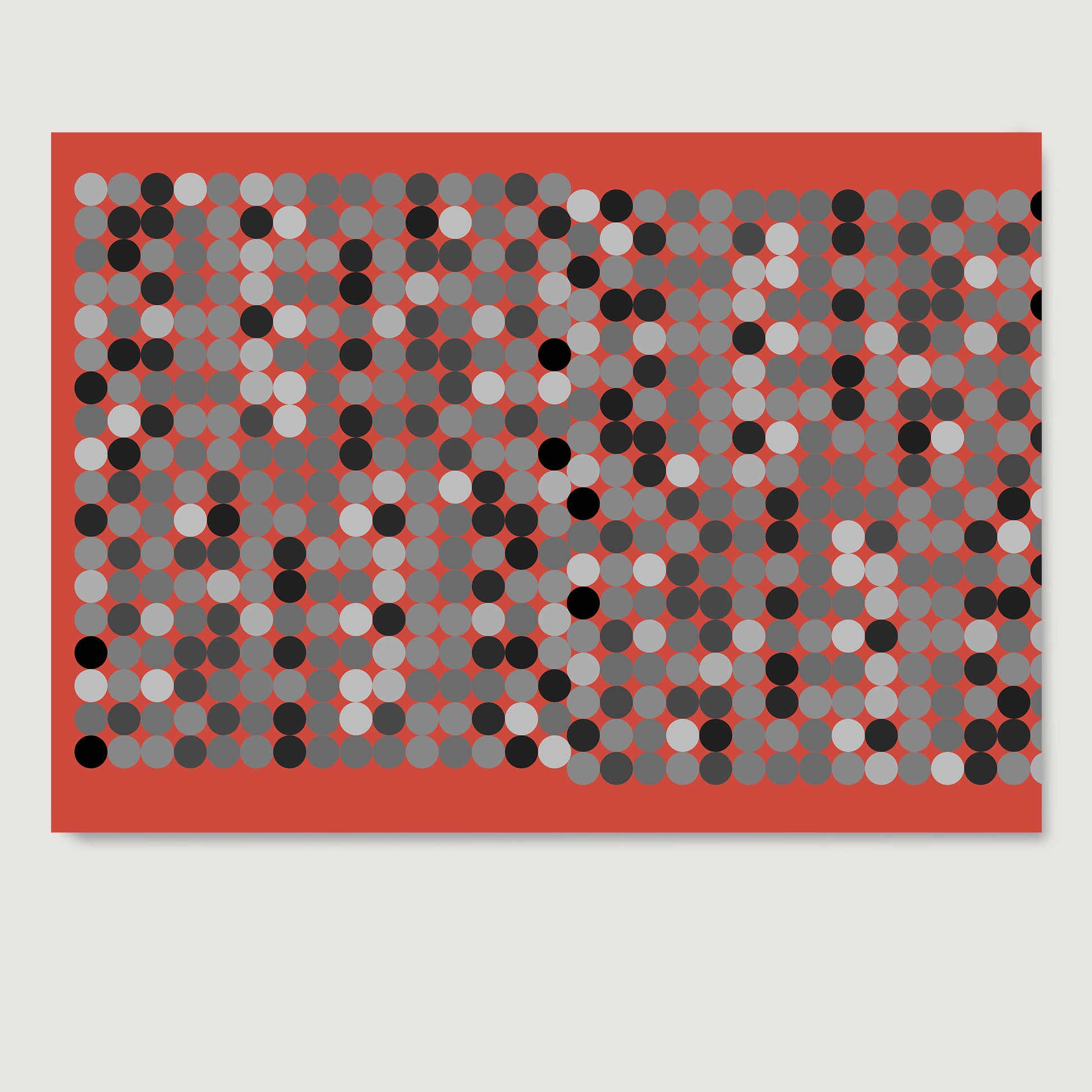 Black and white dots on a red background, contemporary graphic art print on paper.