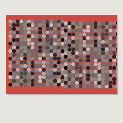 Black and white dots on a red background, contemporary graphic art print on paper.