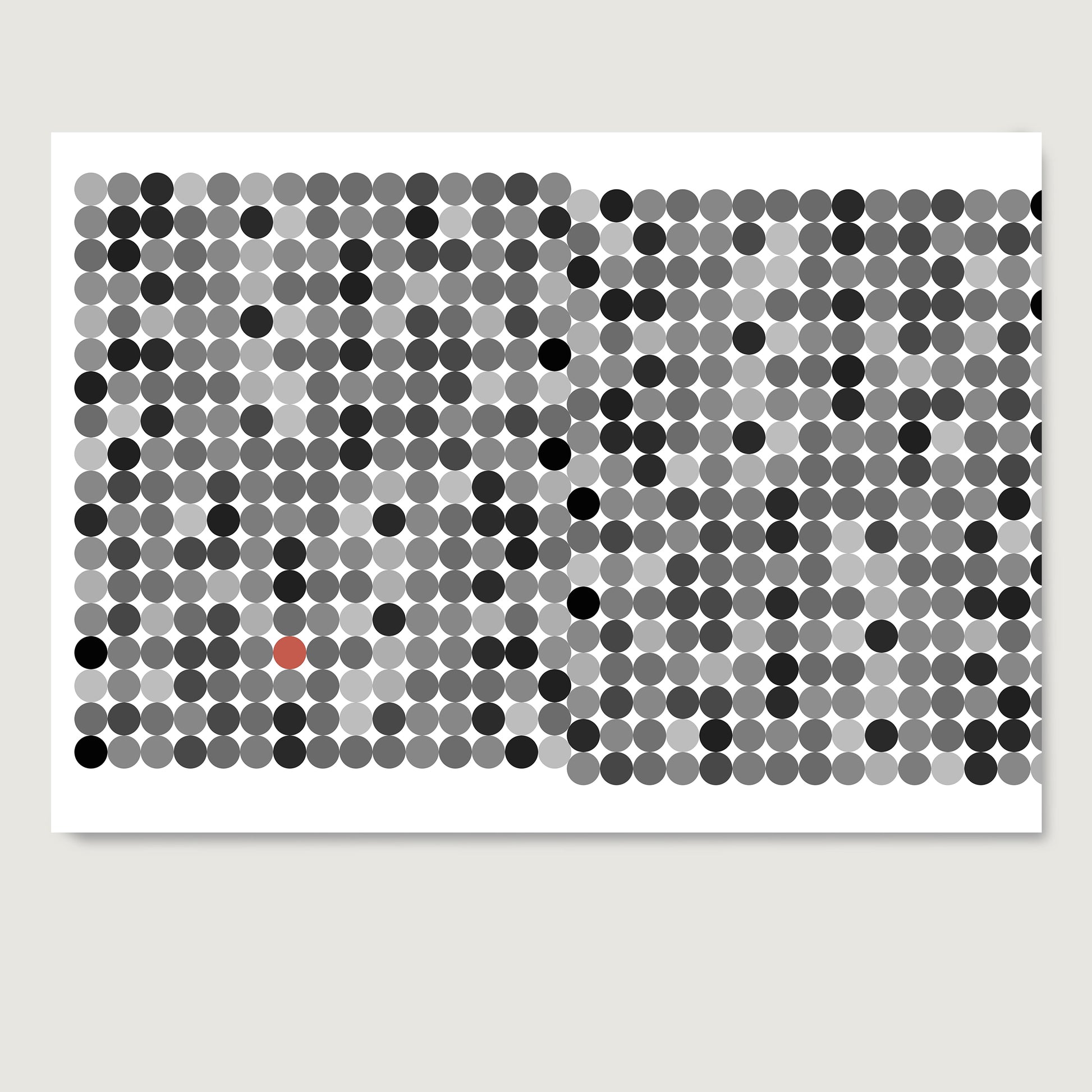 Black and grey dots on a white background, contemporary graphic art print on paper.