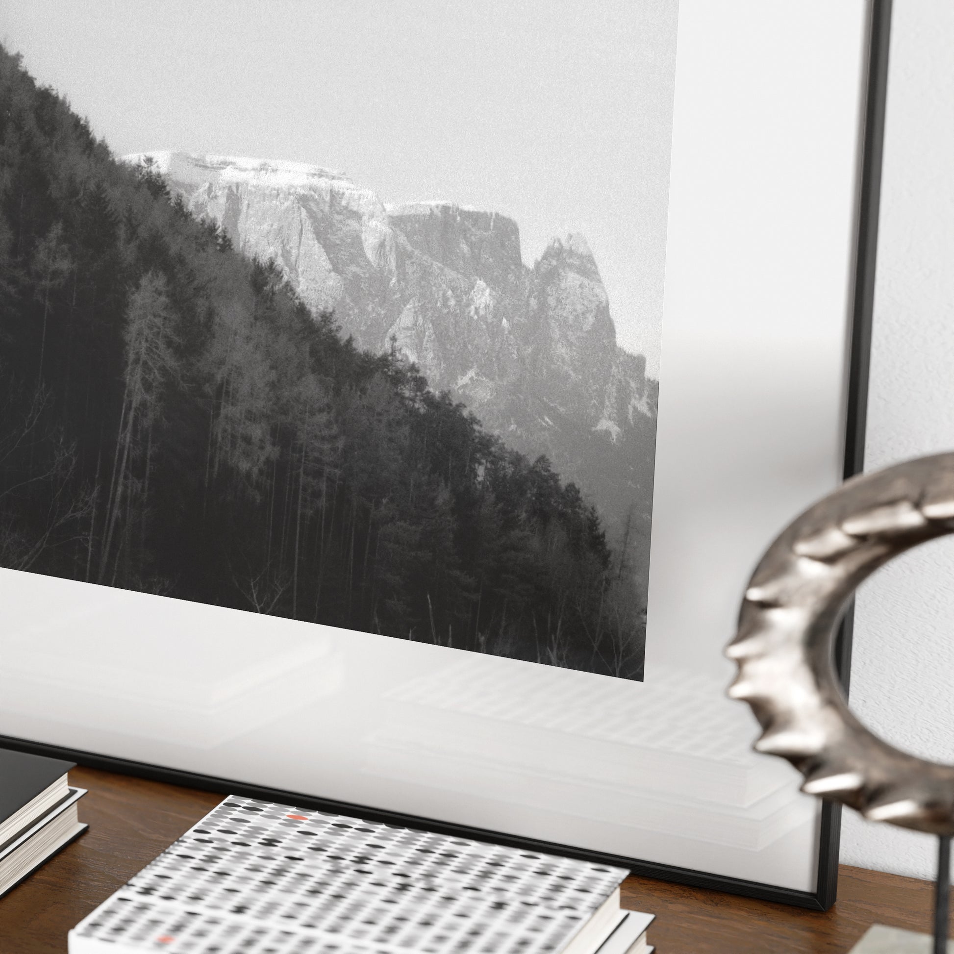 Detail of a moody mountains landscape photography, black and white art print.