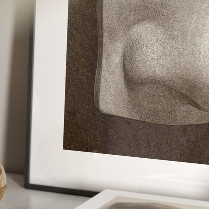 Detail of David's nose on a dark background, anatomy art print.