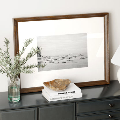 Lake Garda vintage black and white photography art print on a sideboard.