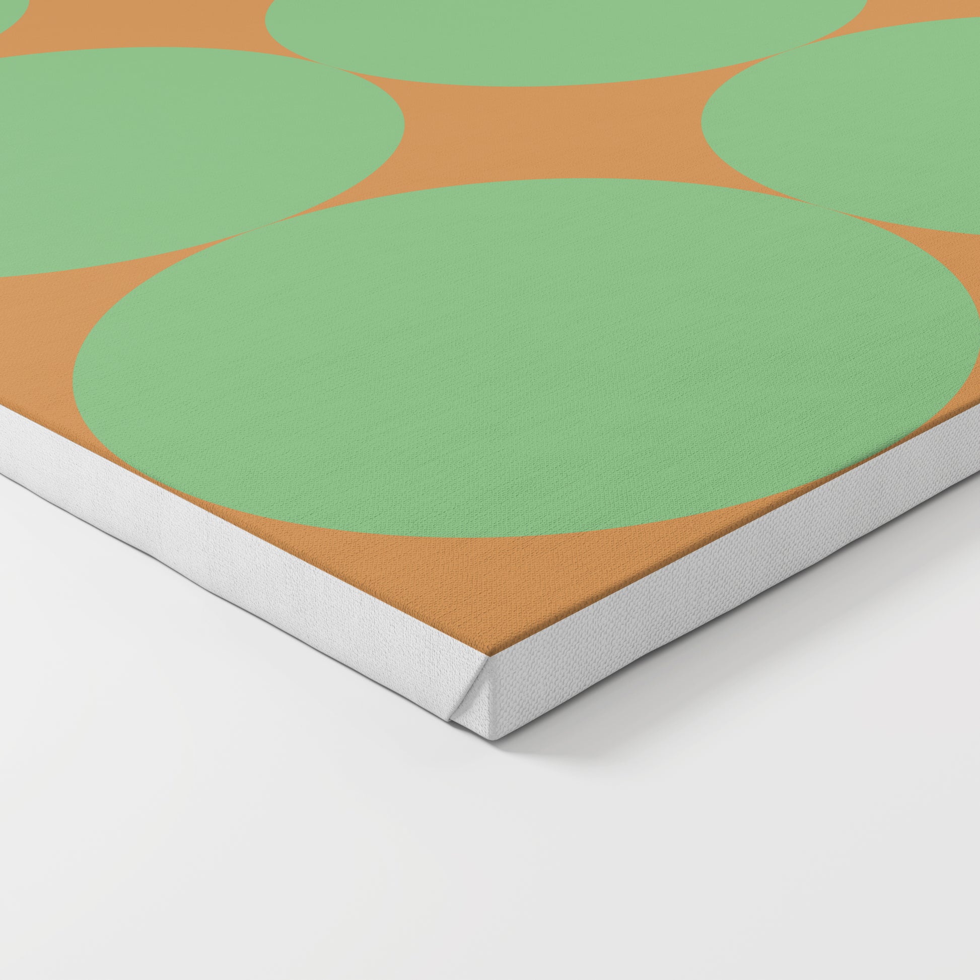 Green dots on a orange background, minimalist graphic art print on canvas.