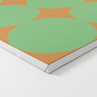 Green dots on a orange background, minimalist graphic art print on canvas.