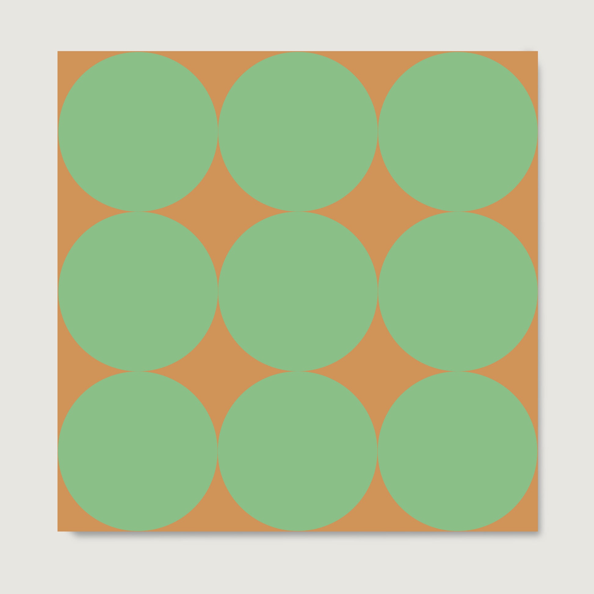 Green dots on a orange background, minimalist graphic art print on paper.