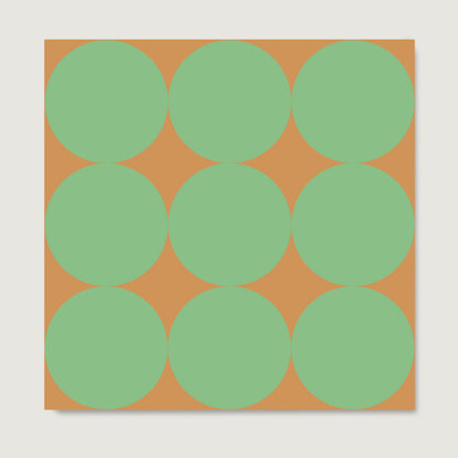 Green dots on a orange background, minimalist graphic art print on paper.