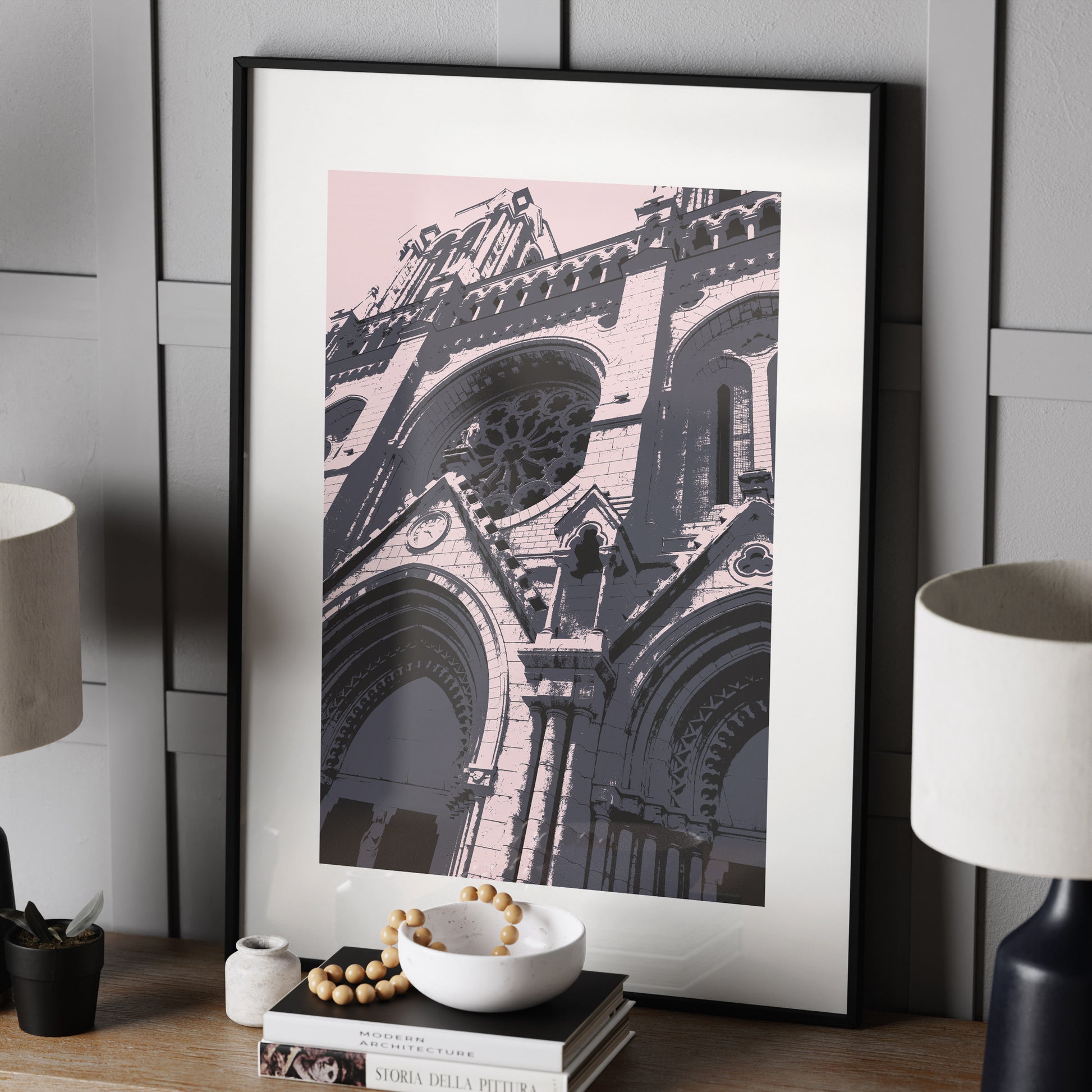Cathedral facade pop art art print in a black metallic frame.