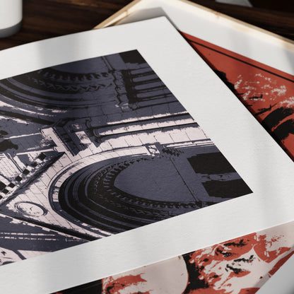 Cathedral facade pop art art print on paper in a moody ambient.