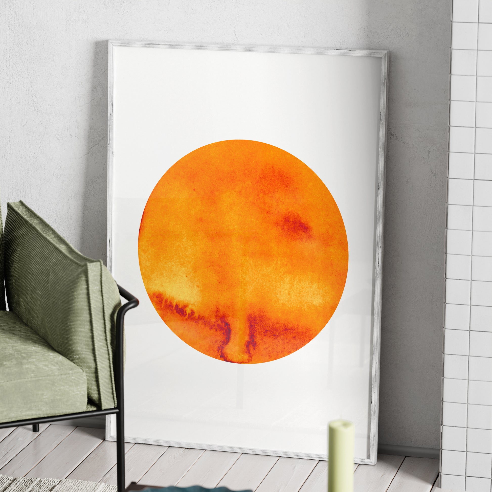 Orange planet minimalist graphic art print in a white wood frame.