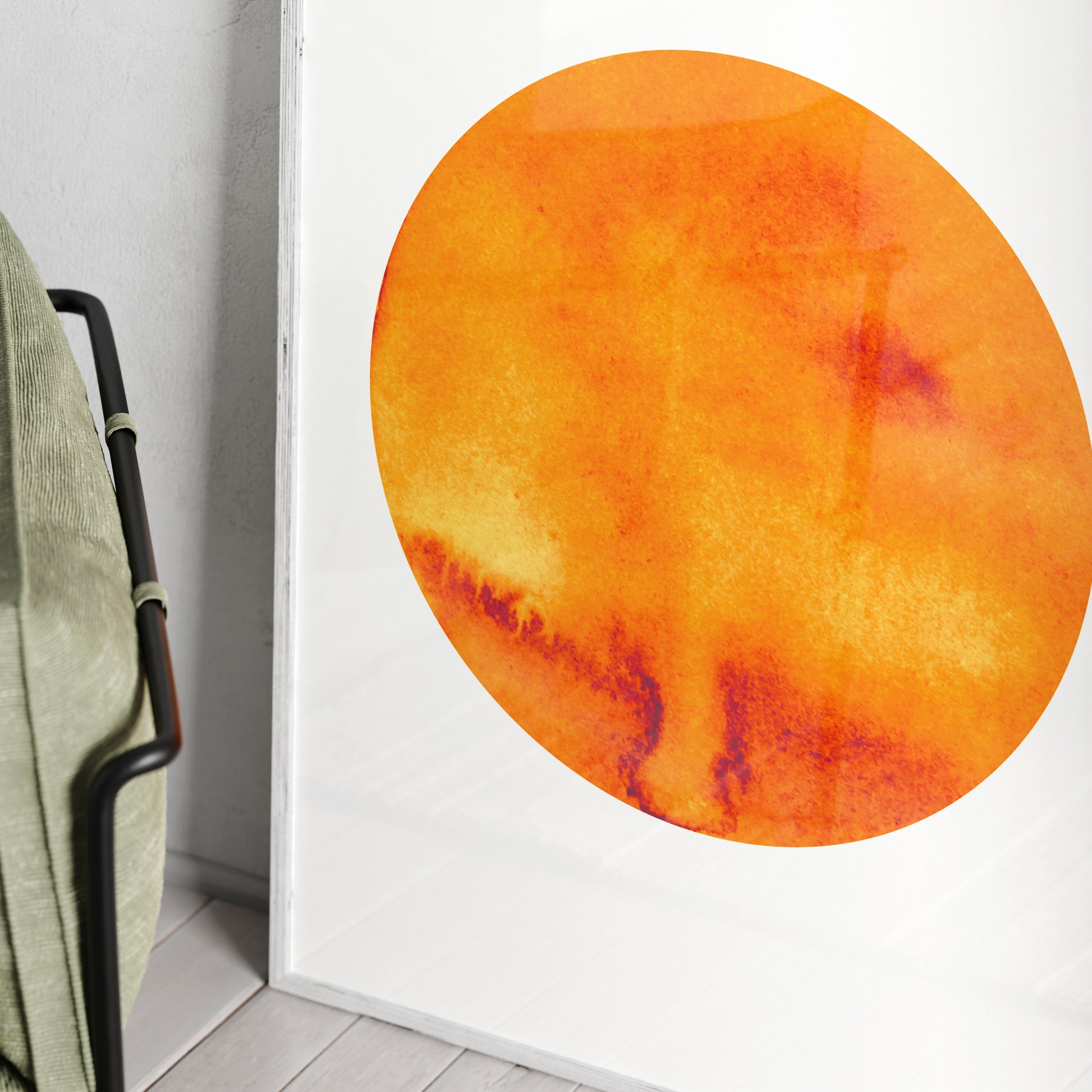 Detail of a orange planet minimalist graphic art print.