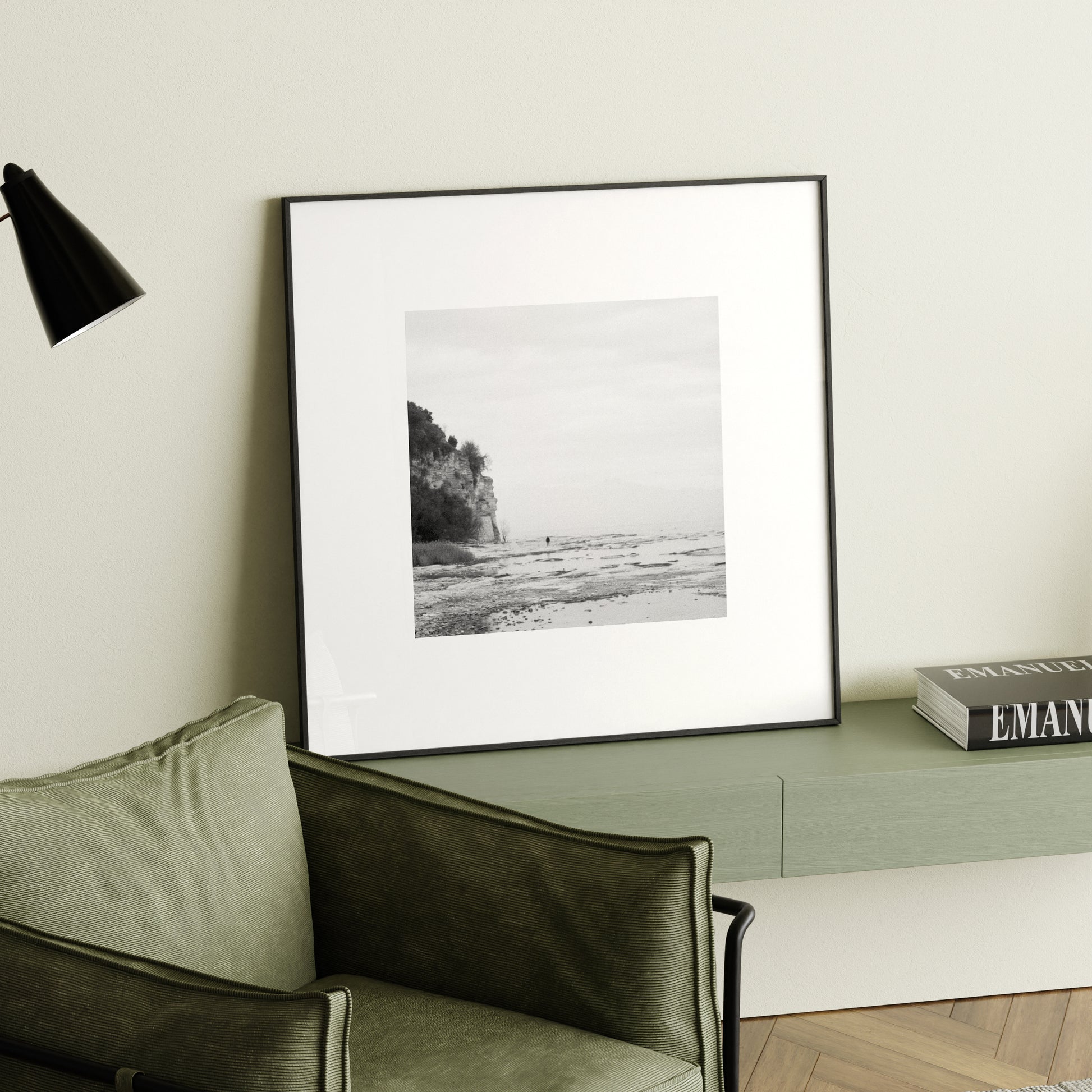 Vintage black and white landscape photography art print in a Scandinavian, minimalist interior.