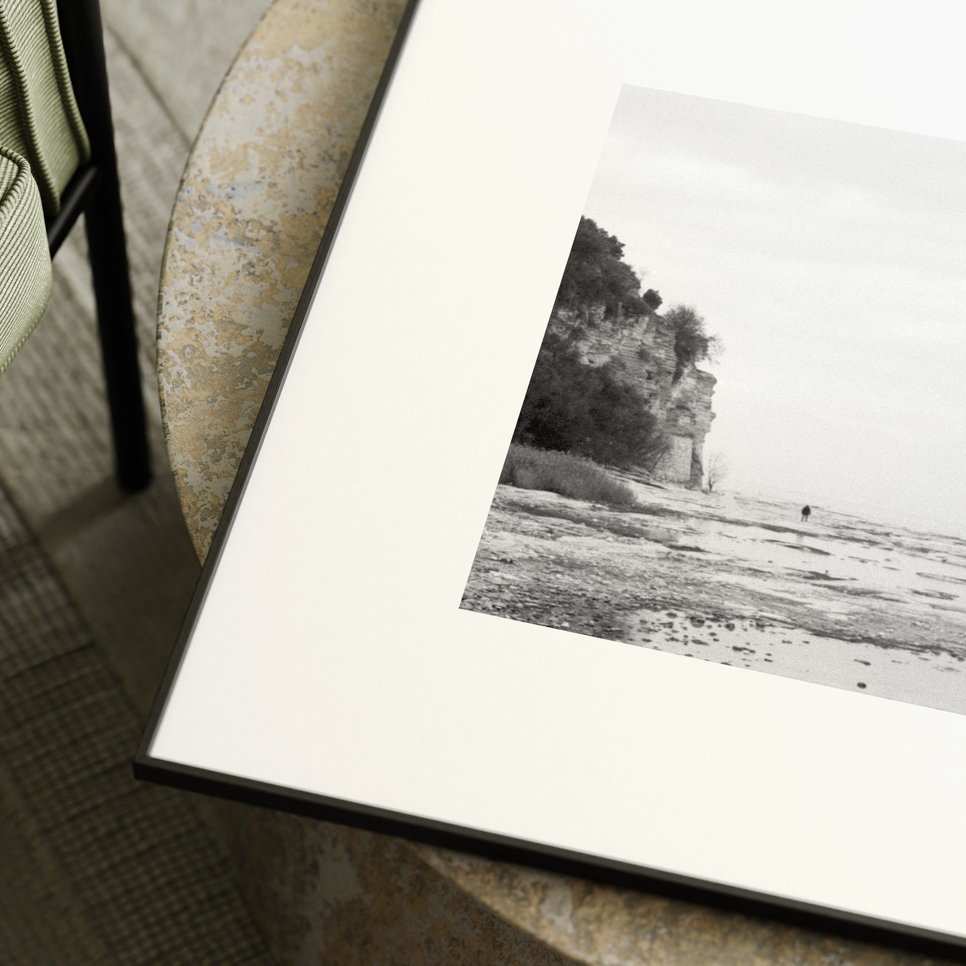 Detail of a vintage black and white landscape photography art print.