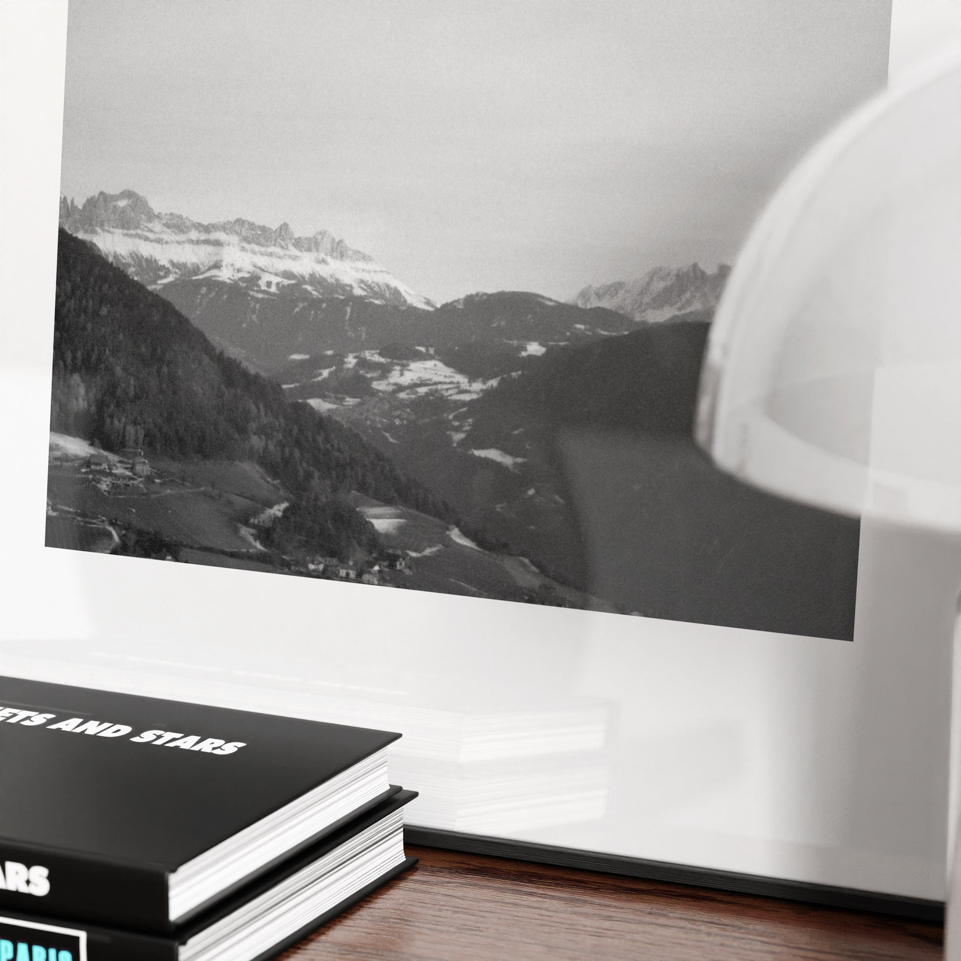 Detail of a mountain landscape black and white vintage photography art print.