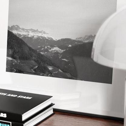 Detail of a mountain landscape black and white vintage photography art print.