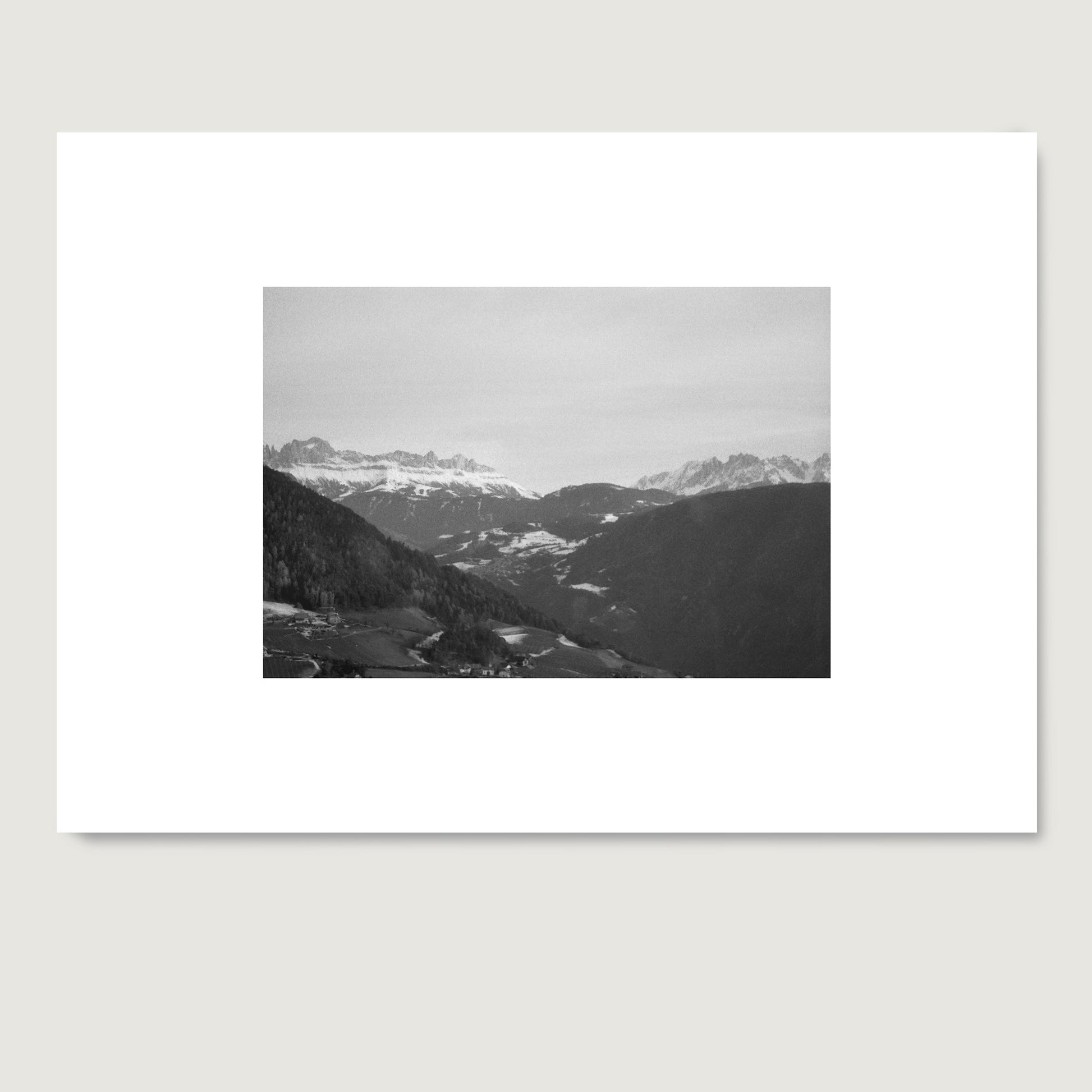Mountain landscape black and white vintage photography art print on paper.