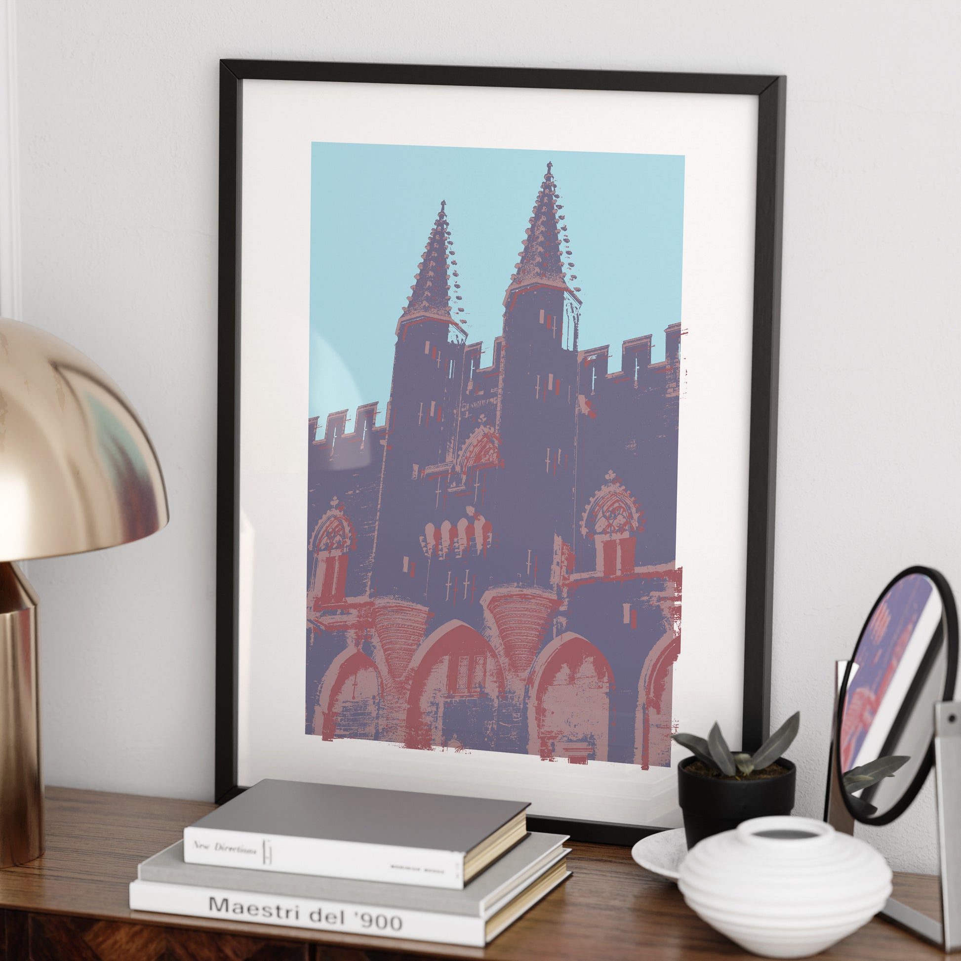 Medieval landmark with cold color palette, pop art art print on a sideboard.