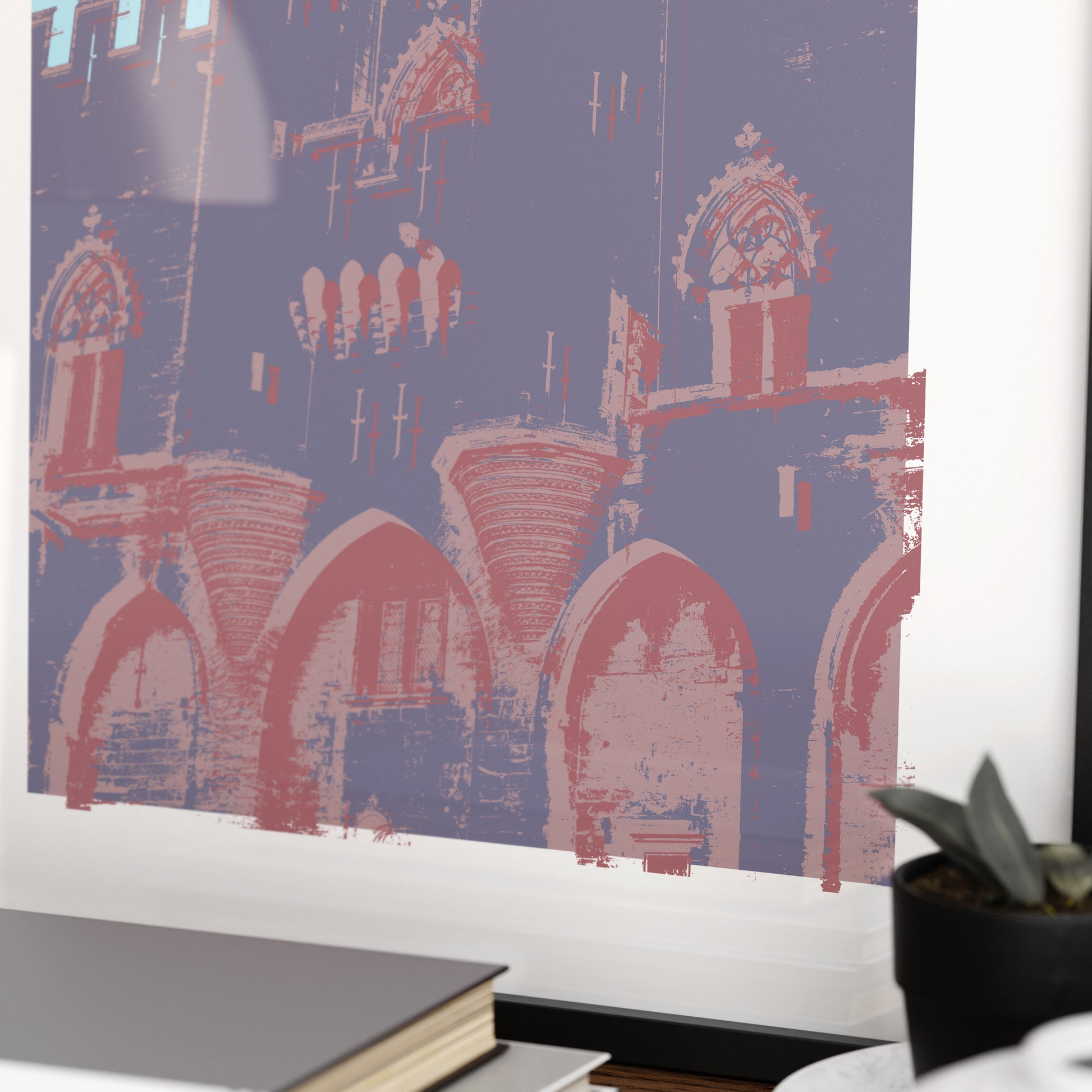 Detail of a medieval landmark with cold color palette, pop art art print.