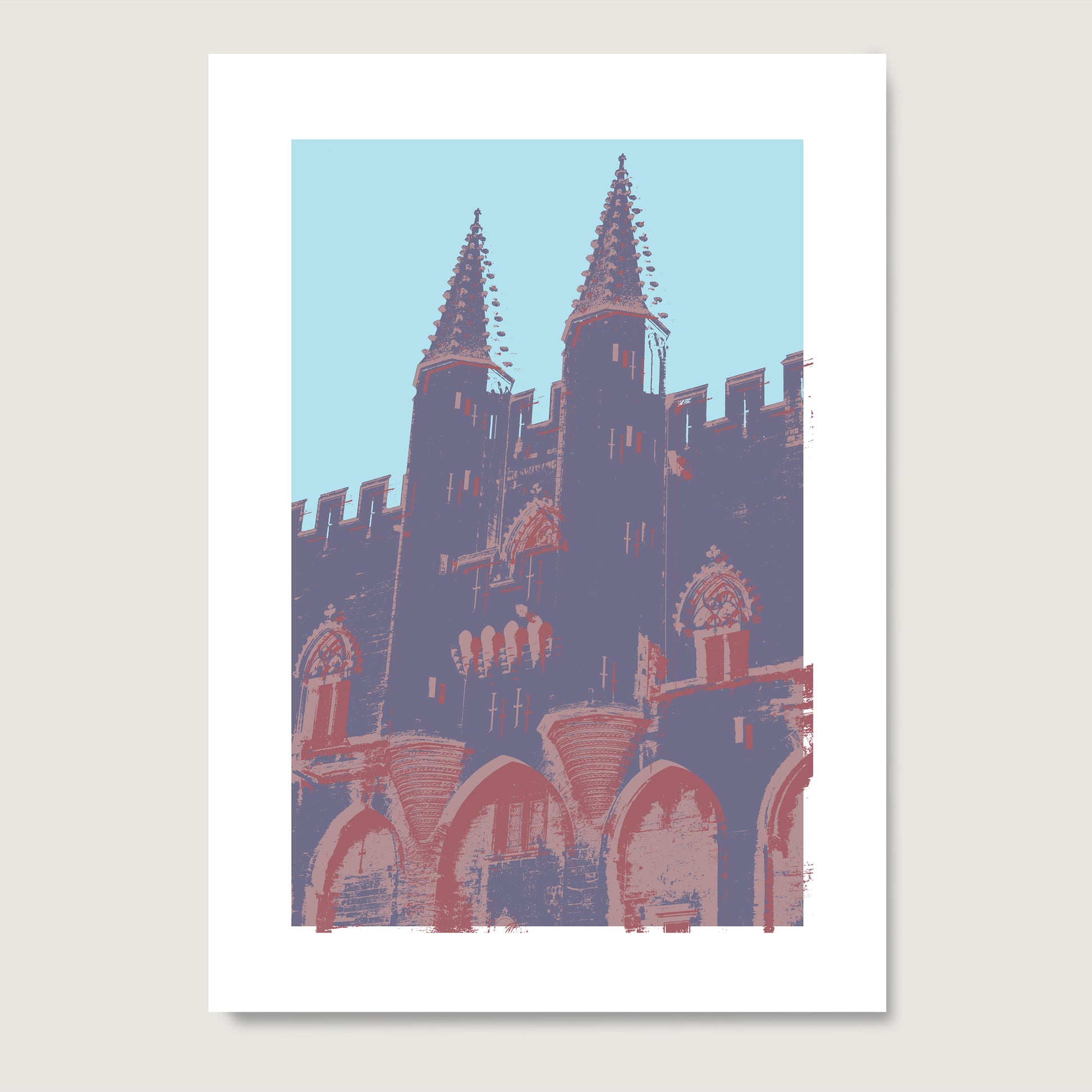 Medieval landmark with cold color palette, pop art art print on paper.
