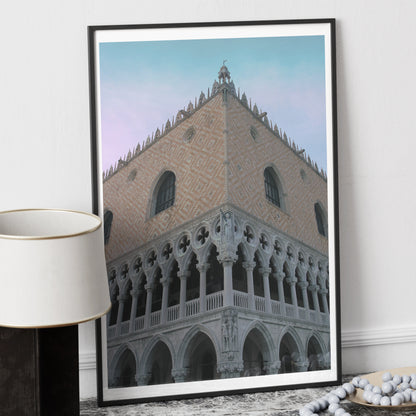 Architectural rich corner of an old Venetian building, pastel colors photography art print in a metallic frame.