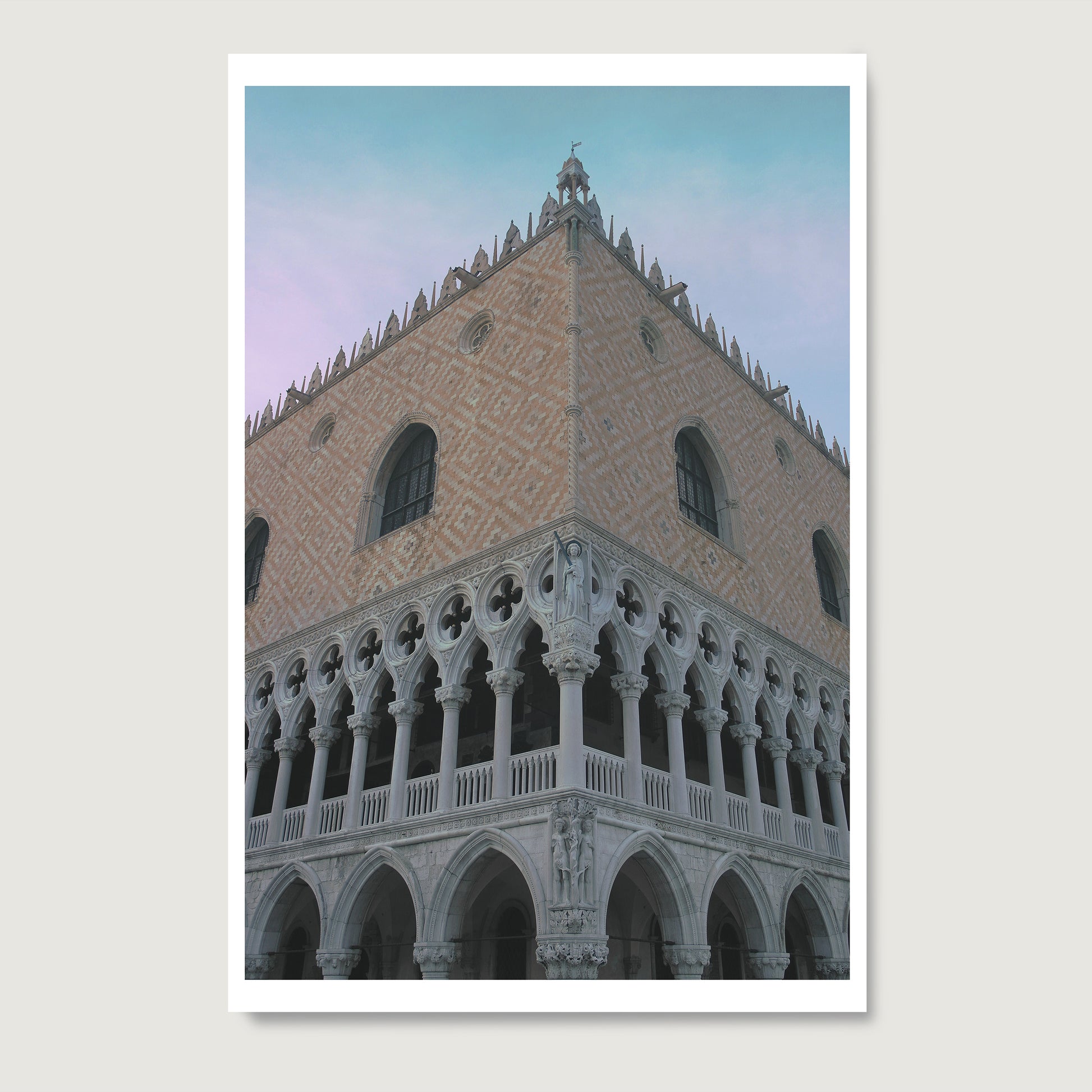 Architectural rich corner of an old Venetian building, pastel colors photography art print on paper.