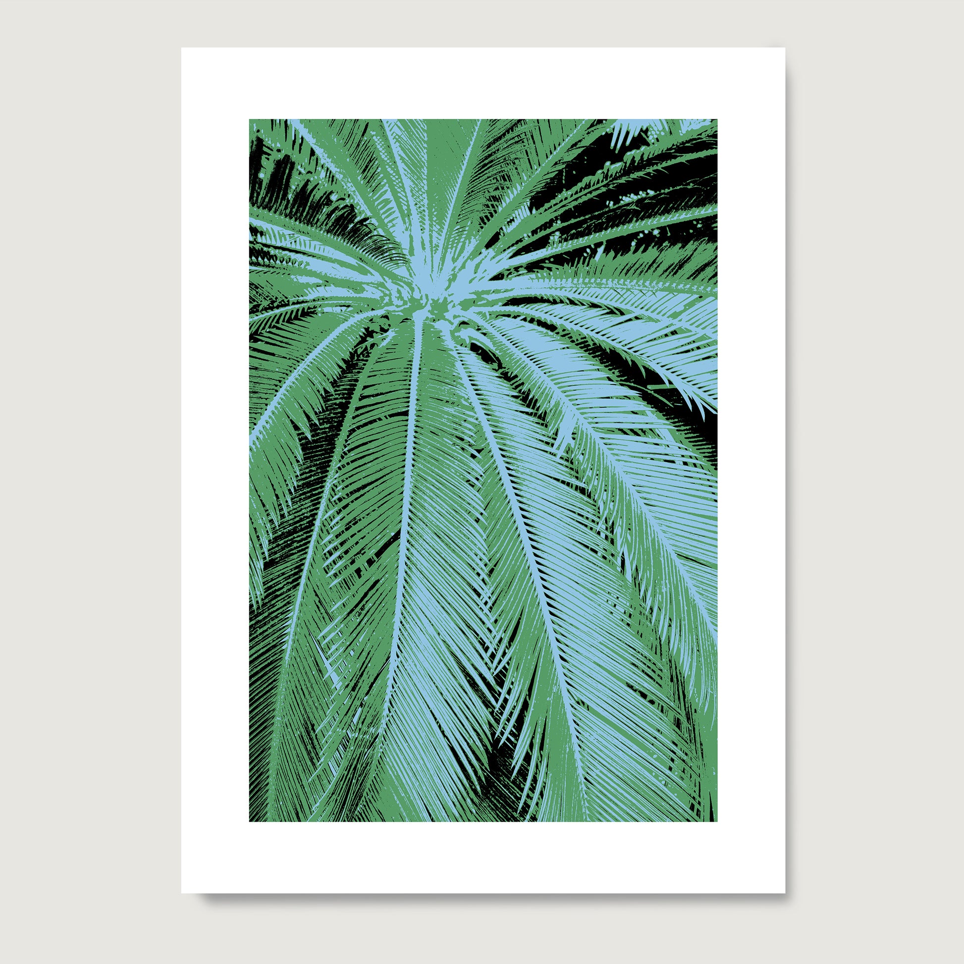 Close-up of a palm leaf with a white border on a light gray background