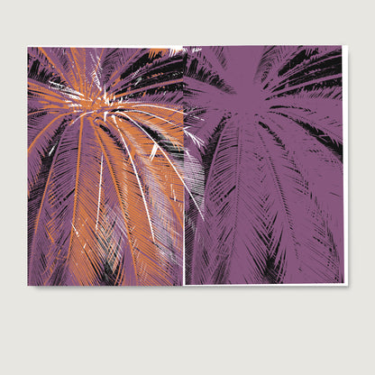 Abstract design of palm leaves in purple and orange on a light gray background