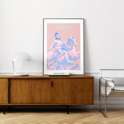 Travel poster Paris landmark pastel colors art print in a parisian apartment.