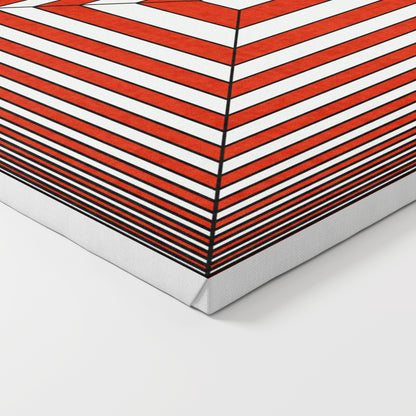 Red and white geometric abstract graphic art print on canvas.