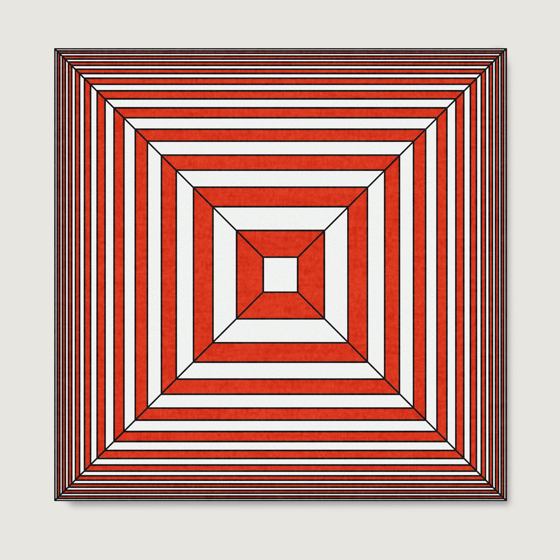 Red and white geometric abstract graphic art print on paper.