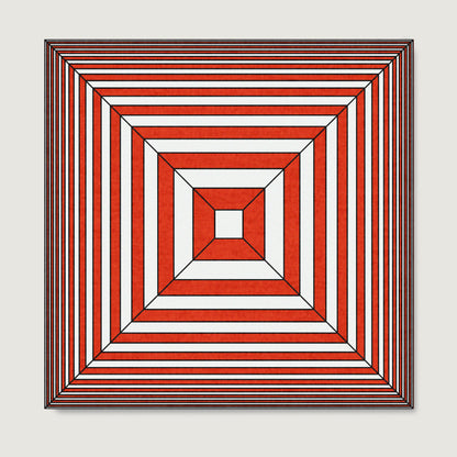 Red and white geometric abstract graphic art print on paper.