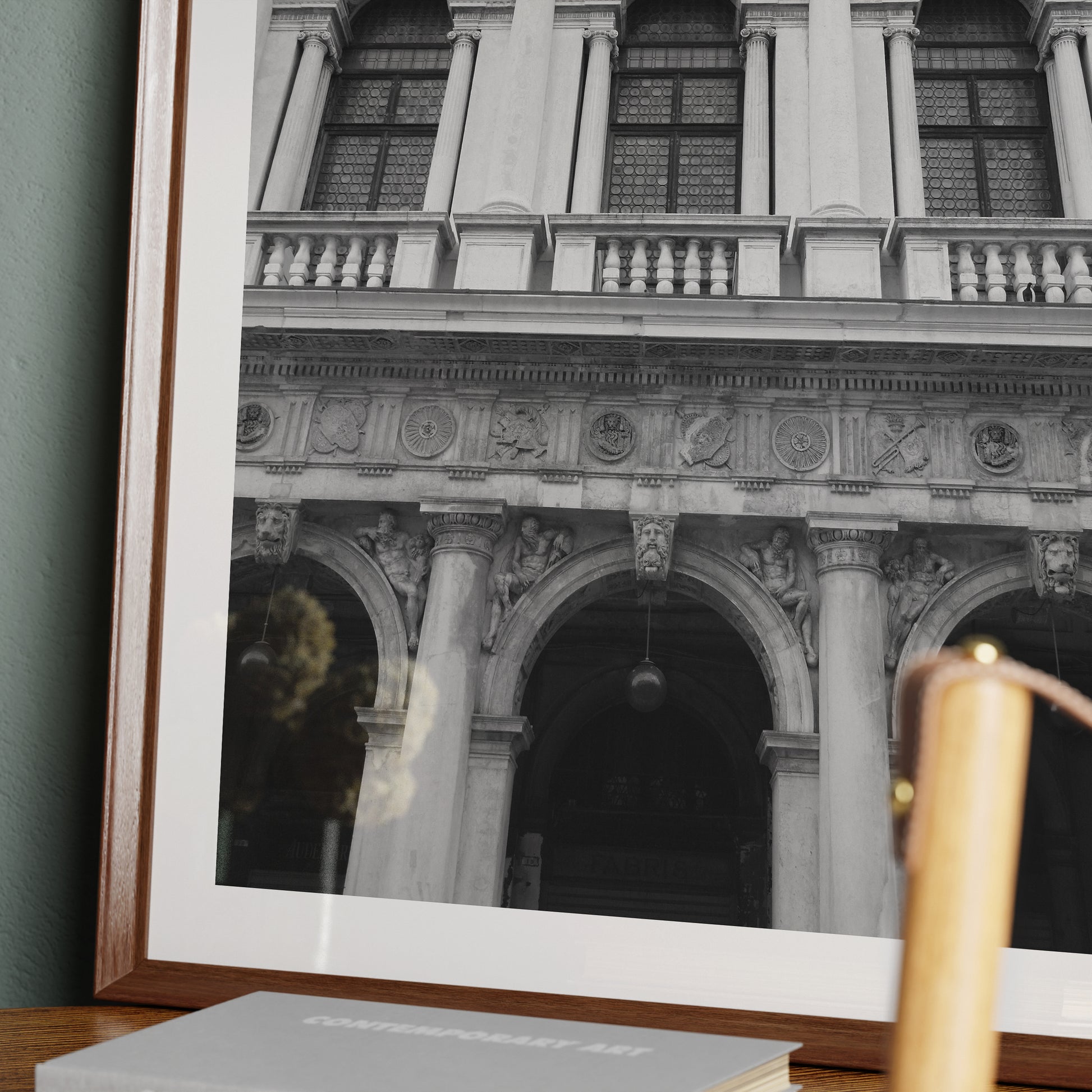 Detail of an old Venice building facade, black and white artistic photography art print.