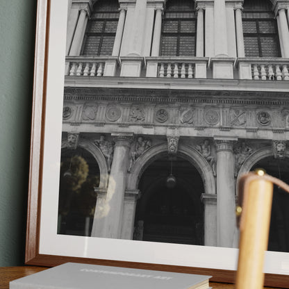 Detail of an old Venice building facade, black and white artistic photography art print.