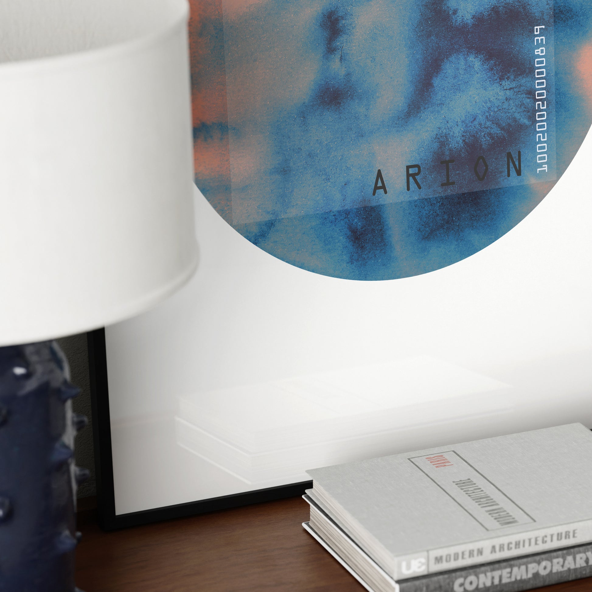 Detail of a blue and orange planet, minimalist watercolor graphic art print.