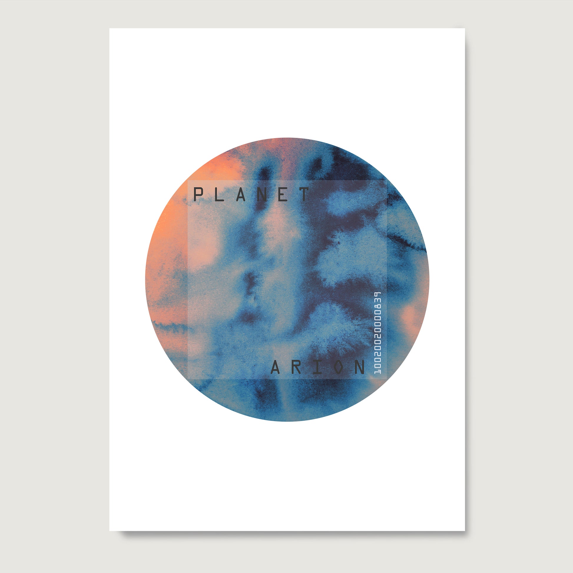 Blue and orange planet, minimalist watercolor graphic art print on paper.
